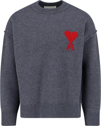 Ami Relaxed Fit Grey Wool Sweater With Contrast Heart Logo
