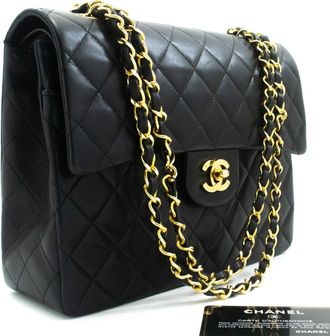 Chanel Vintage Square Classic Double Flap Quilted Leather Black Leather Handbag (Pre-Owned)