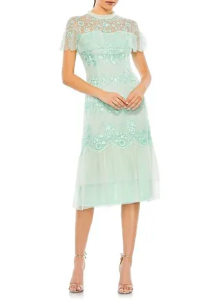 Mac Duggal Embroidered Ruffled Cap Sleeve Midi Dress in Mint at Nordstrom, Size 8