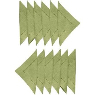 Solino Home Linen Cocktail Napkins Set of 12, 6 x 6 Inch for Dining Table, Holiday and Everyday Table Decor - Classic Hemstitch in Moss Green at