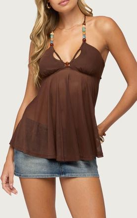 Edikted Alesi Beaded Back Tie Camisole in Brown at Nordstrom, Size X-Large