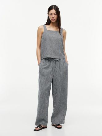 Tommy Hilfiger Womens Gingham Linen-Blend Pull-On Pant - Navy Blue - XXL