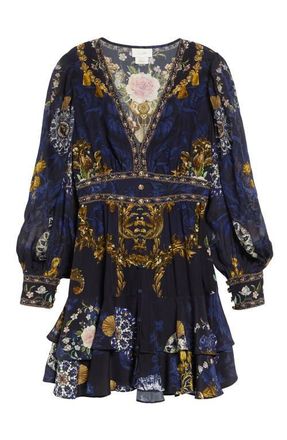 Camilla Beaded Print Long Sleeve Silk Dress in Notes From The Blue Room at Nordstrom, Size X-Small