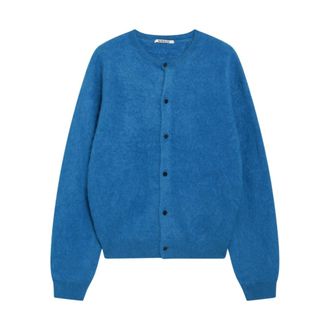 Auralee Garment-Dyed Baby Alpaca Fur Knit Crew-Neck Cardigan - Heren - Truien - Blauw - Maat: 2XL Zijde