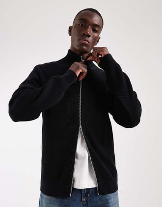 Jack & Jones cardigan in maglia a coste con doppia zip nero