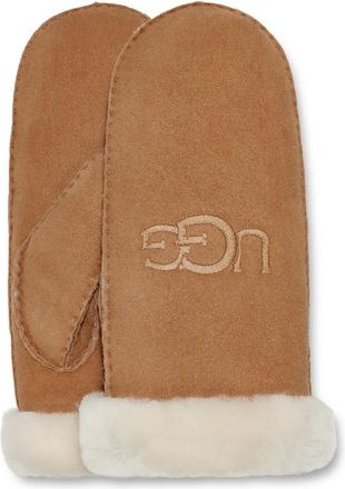 UGG Sheepskin Embroider Mittens Chestnut - Dames - Handschoenen - Bruin - S/M - Su&egrave;de - Accessoires