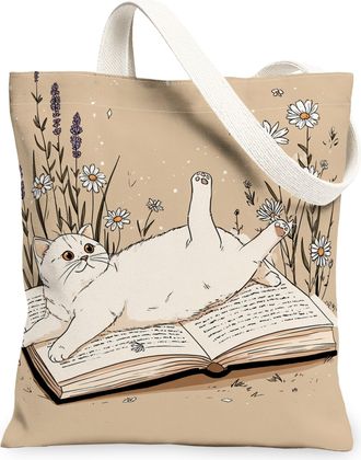 Generic Floral Cat Canvas Tote Bag, Cute Animal Print Reusable Grocery Bags, Summer Vintage Lightweight Washable Shoulder Strap Can, Beige, 13x15 Inch
