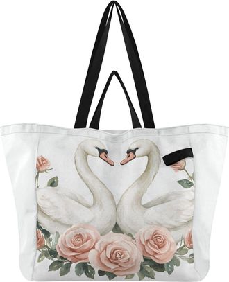 Generic Swan Pink Roses print Reusable Canvas Tote Bag, Heavy Duty Grocery Shopping Bag with Hard Bottom Large Capacity Double Handles Work Groceries Travel
