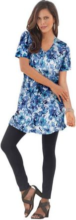 Roaman's Plus Size Ultimate Cotton V-Neck Short Sleeve Tunic in Blue Dreamy Floral at Nordstrom, Size Medium