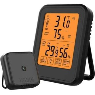 OEM Term&oacute;metro E Higr&oacute;metro Digital, Ideal Para El Dormitorio - Color Negro, Para Interiores Y Exteriores, Con Sensor Inal&aacute;mbrico Para Exteriores, Pantall