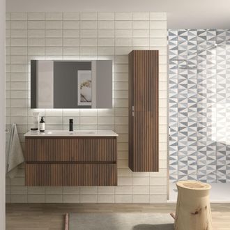 Cygnus Bath Mueble De Ba&ntilde;o Kira 100cm Nogal 2 Cajones Lavabo 1 Poza Porcelana