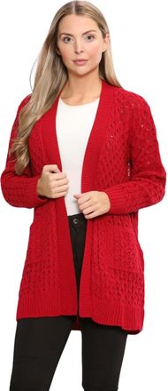 Janisramone Ladies Waffle Knitted Chunky Cardigan, Long Sleeve Women Open Front Cardigan with Pockets, Stylish Warm Long Boyfriend Cardigans for Women UK Red