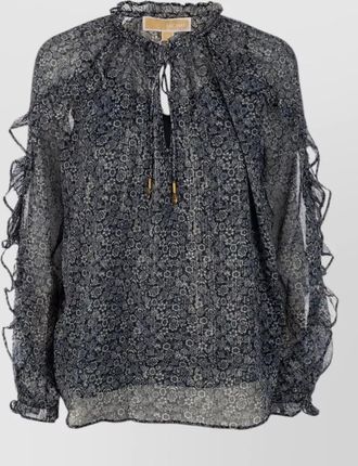 Michael Kors sheer floral ruffle top gold tone tie