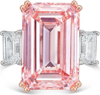 Diana M. Jewels 18kt Rose gold Lab grown 15ct Fancy pink emerald diamond ring with emerald diamonds on the side and micropave band