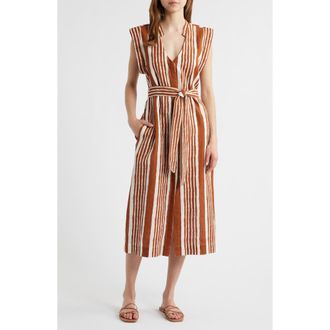 Cleobella Lani Stripe Tie Waist Cotton & Linen Midi Dress in Vecchio Stripe Print at Nordstrom Rack, Size X-Small