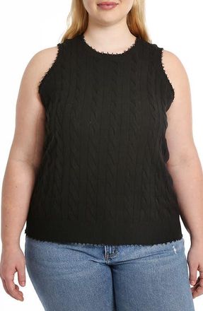 Minnie Rose Frayed Cable Knit Cotton Sweater Tank in Black at Nordstrom, Size 1X