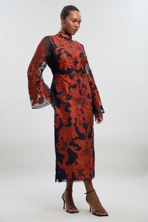 Karen Millen Womens Plus Size Baroque Organdie Applique And Beaded Bell Sleeve Woven Midi Dress - Navy - Size 22 UK