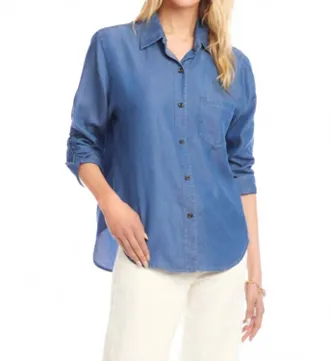Karen Kane Ruched Three Quarter Sleeve Button-Up Shirt In Chambray