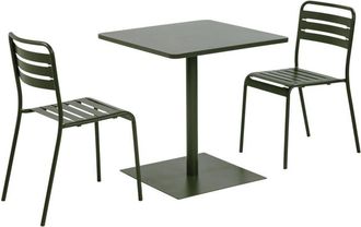 Sweeek Square steel bistro garden table 70 cm+ 2 chairs, khaki green - Orea + Amelia