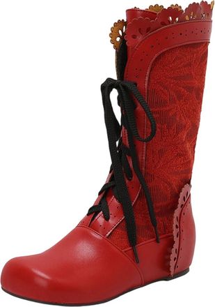 Generic Red Flat Sole Lace Up Mid Calf Boots for Women Round Toe Fashion Casual Versatile Winter Comfortable Wear Chunky Design