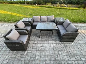 Fimous 7 Seater High Back PE Rattan Sofa Set Outdoor Garden Furniture Dining Table Set With Reclining Chair Love Sofa in Dark Grey