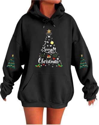 Generic Christmas Print Hooded Sweatshirts for Women UK Cozy Soft Jumper Fall Winter Xmas Tops Drawstring Oversized Jacket Crewneck Holiday Pullover with Pock