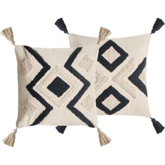 Beliani Set of 2 Scatter Cushions Beige and Black Cotton Fabric Floral Pattern 45 x 45 cm Throw Pillow SARACA