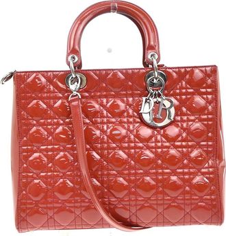 Dior Vintage Lady Dior Bag Cannage Quilt Patent Red Patent_Leather Handbag (Pre-Owned)