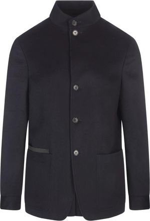Ermenegildo Zegna Blauwe Kasjmier Midi Jas met Hoge Kraag - Heren - Zomerjassen - Blauw - 2XL - Kasjmier - Jassen
