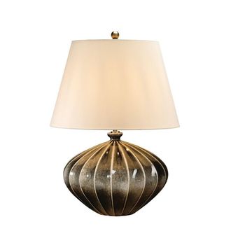 Loops Table Lamp Ceramic Brown Black Speckled Glaze Cream Faux Silk Shade LED E27 60W