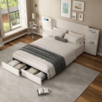 Merax 4ft6 Double Beige Velvet Wingback Bed with Headboard Storage Pockets