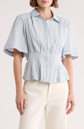 Max Studio Short Sleeve Peplum Button-Up Shirt in Lt Blue Small Spatial Riddles at Nordstrom Rack, Size X-Large
