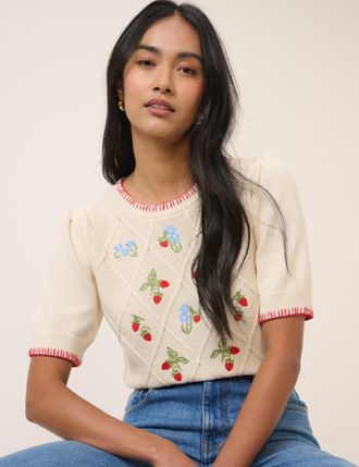 Nobody's Child Cream Strawberry Embroidered Knitted T-Shirt