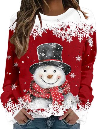 Generic Christmas Tops for Women UK Funny Christmas Snowman Print Jumpers Festive Graphic Long Sleeve Regular Fit Sweatshirt Holiday Casual Pullover Shirts Co