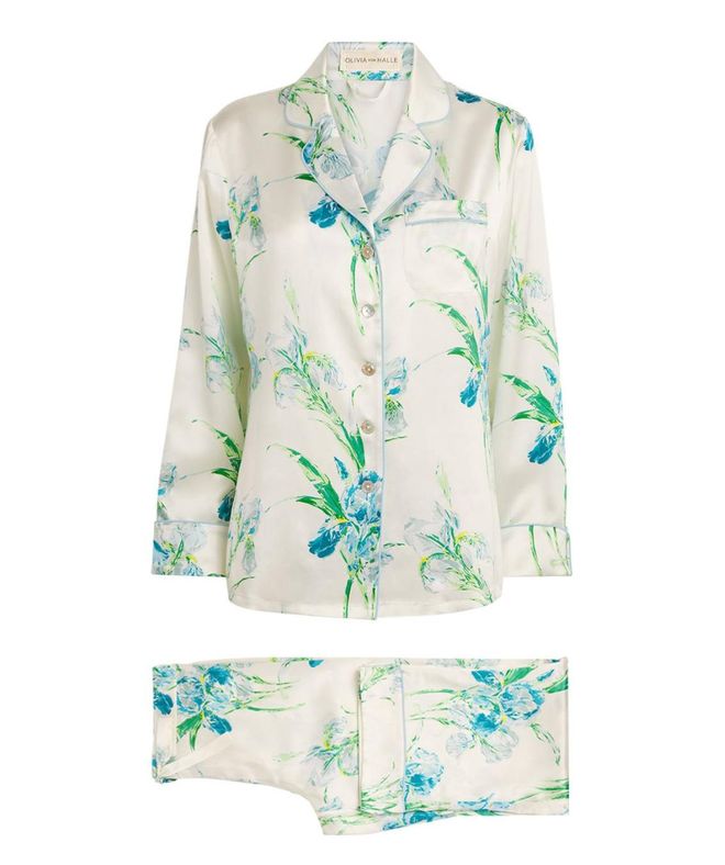 Olivia von Halle White Silk Floral Lila Asterias Pyjama Set Size S