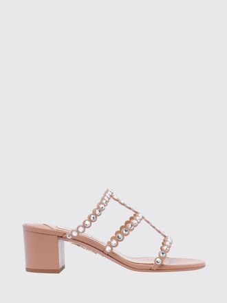 Aquazzura Tequila Crystal-Embellished Nappa Leather Mule Sandals with Mid-Heel