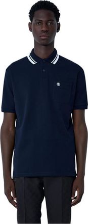 Gucci Tops, Heren, Blauw, M, Katoen, Logo Motif Polo Shirt