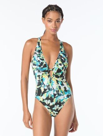 Vince Camuto V Neck One-Piece Swimsuit in Blue Multi at Nordstrom, Size 10
