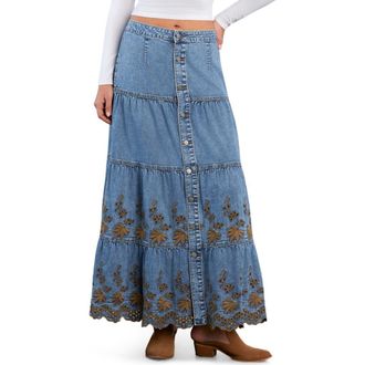 Wash Lab Denim Tiered Eyelet Denim Midi Skirt in Sky Denim at Nordstrom, Size 26
