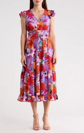 Vince Camuto Ruffle Midi Dress in Purple Multi at Nordstrom Rack, Size 10