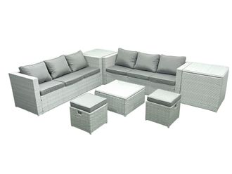 Fimous Rattan Garden Outdoor Furniture Set 8 Seater Rattan Garden Sofa Set with 2 Small Footstool 2 Side Tables Light Grey Mixed