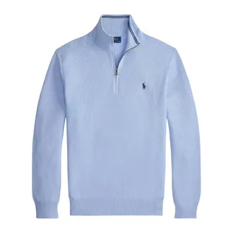 Polo Ralph Lauren Turtlenecks, male, Blue, Size: L Mesh-Knit Cotton Quarter-Zip Sweater