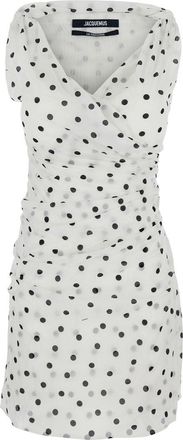 Jacquemus The Rita White Dress With V-Neck And Polka Dot Motif In Cotton Woman