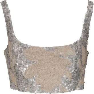 Brunello Cucinelli rhinestone-embellished cropped top - women - Linen/Flax - M - Neutrals