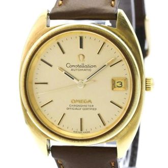 Omega Vintage, unisex, Geel, ONE Size, Leer, Pre-owned Constellation 168.0056 Polshorloge