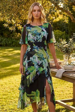 Roman Womens Botanical Floral Frill Dress - Green - Size 10 UK