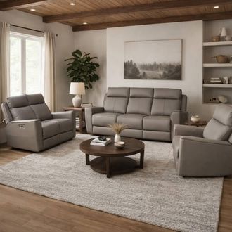 Aspire Home Accents Rivington Real Leather Power Recliner 3+2+1 Sofa Set with USB Charging in Grey