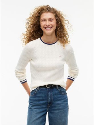 Tommy Hilfiger Womens Cable Knit Tipped Crewneck Sweater - Rich Cream - XXL