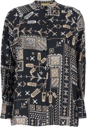 Momoni Overhemden, Dames, Veelkleurig, M, Stand-Up Collar Gedrukte Zijden Blouse