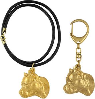 OEM American Staffordshire Terrier, Amstaff, Amstaf Ii - Llavero Y Collar Con Perro En Caja, Producto Ba&ntilde;ado En Oro De Alta Calidad, Marca Art-dog